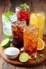 A variety of soft drinks in glasses on the wooden table