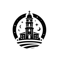 Church Silhouette Logo in Night Sky, Vector Illustration