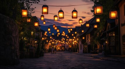 Romantic evening scene in a picturesque European town.