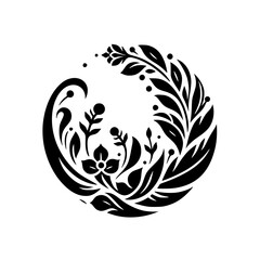 Elegant Floral Circle Motif - Black and White Vector Design