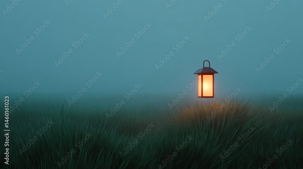 Poster single lantern in the middle of a field of tall grass. the lantern is orange in color and has a hand