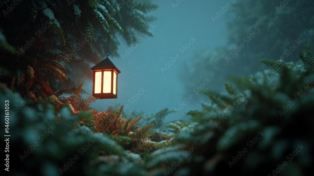 Poster lantern hanging from a tree branch in the middle of a forest. the lantern is orange in color and has