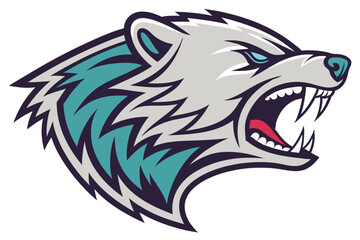 97 Fierce bear head logo, stylized vector illustration, aggressive expression, piercing blue eyes, gray and teal fur, sharp teeth, symmetrical design, mascot emblem, bold lines, graphic art style, int