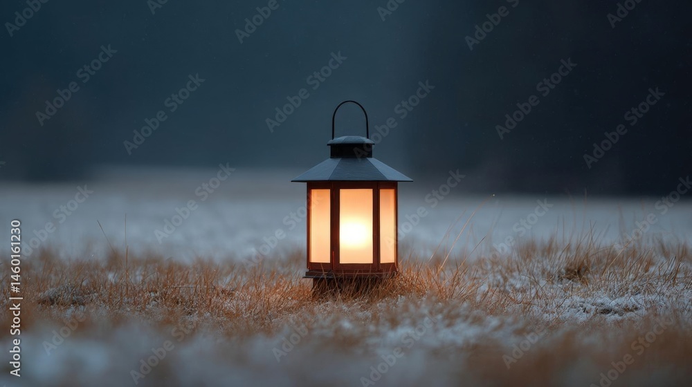 Poster small lantern in the middle of a field. the lantern is made of metal and has a handle on top. it is 