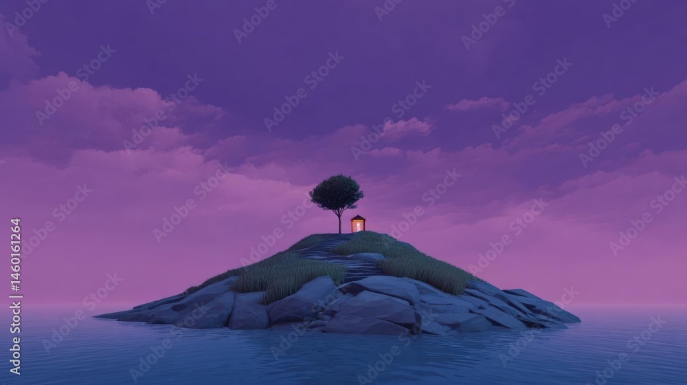 Poster digital illustration of a small island in the middle of the ocean. the island is covered in grass an