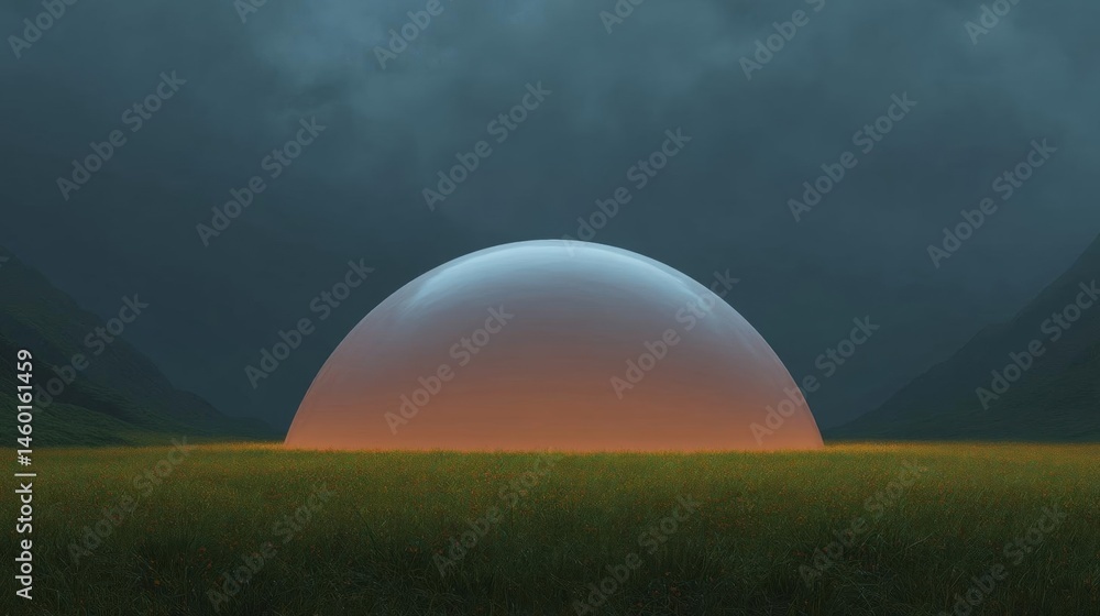 Poster digital illustration of a large, spherical object in the middle of a grassy field. the object appear