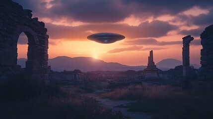 Ancient ruins and a hovering craft at sunset.