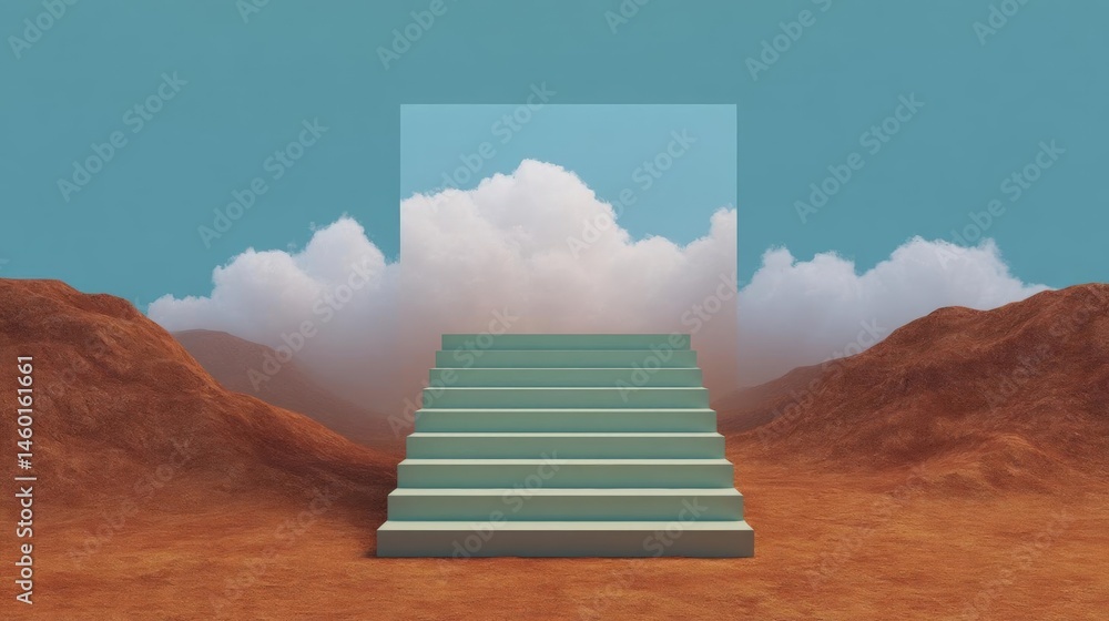 Poster set of stairs leading up to a large square-shaped structure in the middle of a desert-like landscape