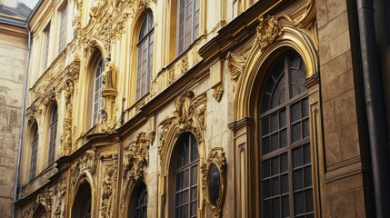 Fototapeta premium Ornate gold-colored facade of a historic European building.