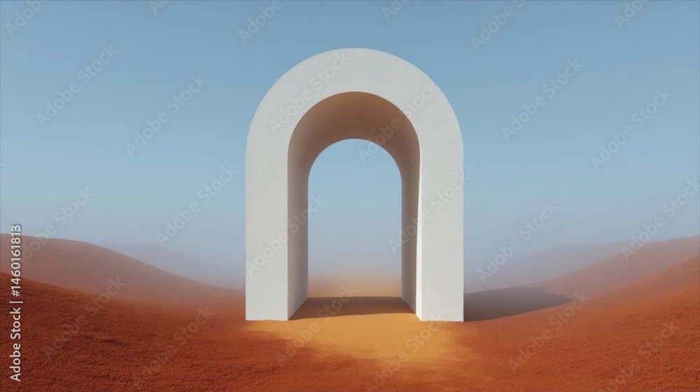 Poster white archway in the middle of a desert landscape. the archway is made of a smooth, arch-like materi