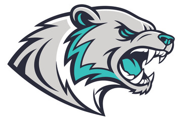 97 Fierce bear head logo, stylized vector illustration, aggressive expression, piercing blue eyes, gray and teal fur, sharp teeth, symmetrical design, mascot emblem, bold lines, graphic art style, int