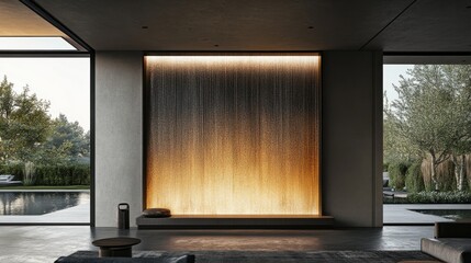 Modern interior design featuring a wall waterfall.