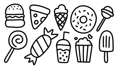 Doodle food and drink line icon set in hand drawn style for graphic element design isolated on transparent background