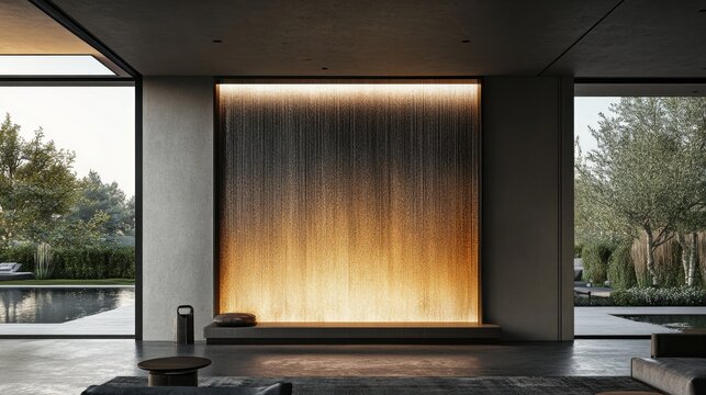 Modern interior design featuring a wall waterfall.
