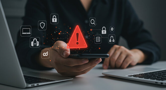 Person holding a phone with a red warning triangle icon and security icons floating above it on a desk real estate business ,technology ,selling ,purchasing ,agreement