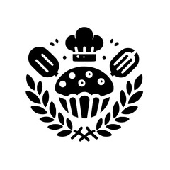 Black & White Bakery Logo: Muffin & Chef's Hat Emblem