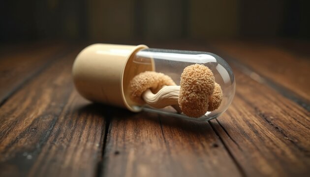 Psilocybin mushroom inside clear medicine capsule on wooden surface. Image shows concept of alternative medicine. Psychedelic drug, alternative treatment for mental health issues. Microdosing,