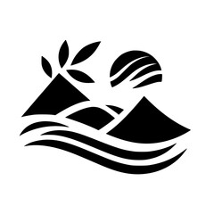 Monochrome Landscape Icon: Mountains, Sun, and Foliage Silhouette