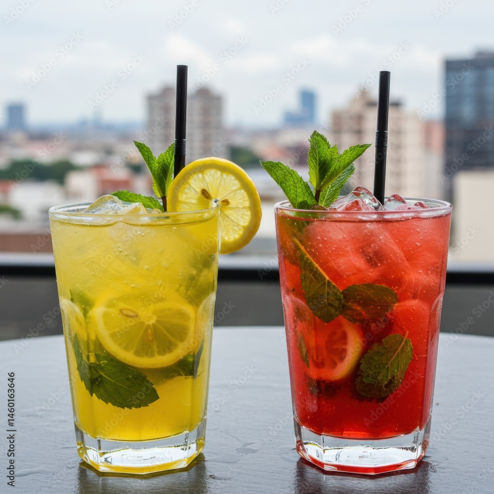 Poster two refreshing cocktails with lemon and mint on a table with a city view in the background