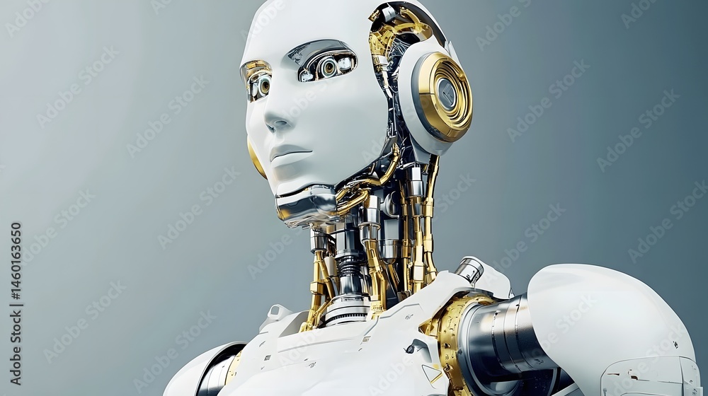 Poster close-up view of a sophisticated robotic head and upper torso.