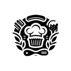 Simple Chef's Emblem: Black & White Food Icon with Kitchen Tools
