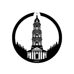 Minimalist Church in Circle, Silhouette Illustration