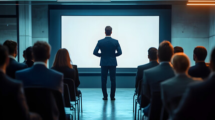 Businessman during a presentation in front of his colleagues at the office. Created with Generative AI technology.