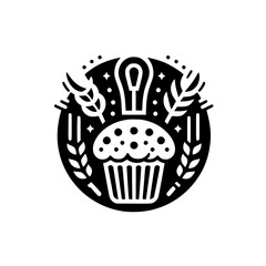 Black & White Bakery Logo with Muffin, Wheat, and Stars