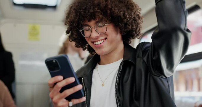 Bus, happy man and travel with smartphone for social media, online map and message with contact. Laughing, male person and passenger with mobile for location app, chat and commute in public transport