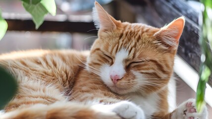 A content orange cat resting peacefully under the sunlight 