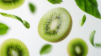 Fototapeta premium Fresh kiwi slices falling with green leaves isolated on white background