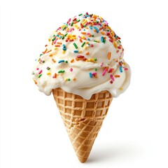 Creamy vanilla ice cream cone topped with colorful sprinkles