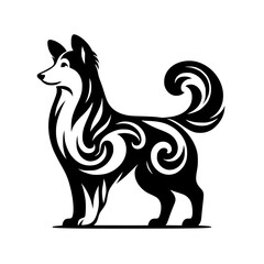 Elegant Black & White Dog Silhouette with Tribal Art Pattern