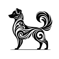 Elegant Black & White Dog Silhouette with Swirling Decorative Elements
