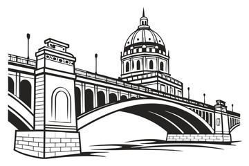 100 Bridge silhouette, arch bridge, simple design, black and white, minimalist, graphic illustration, architectural icon, infrastructure symbol, geometric shape, urban landmark, stylized drawing, clea