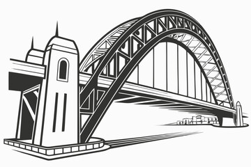 100 Bridge silhouette, arch bridge, simple design, black and white, minimalist, graphic illustration, architectural icon, infrastructure symbol, geometric shape, urban landmark, stylized drawing, clea