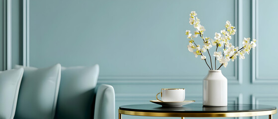 Elegant Teal Living Room With White Flowers