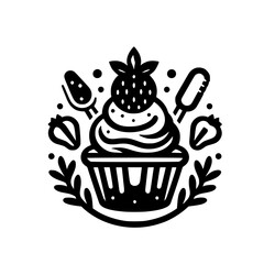 Monochromatic Strawberry Cupcake Logo - Whimsical Food Design