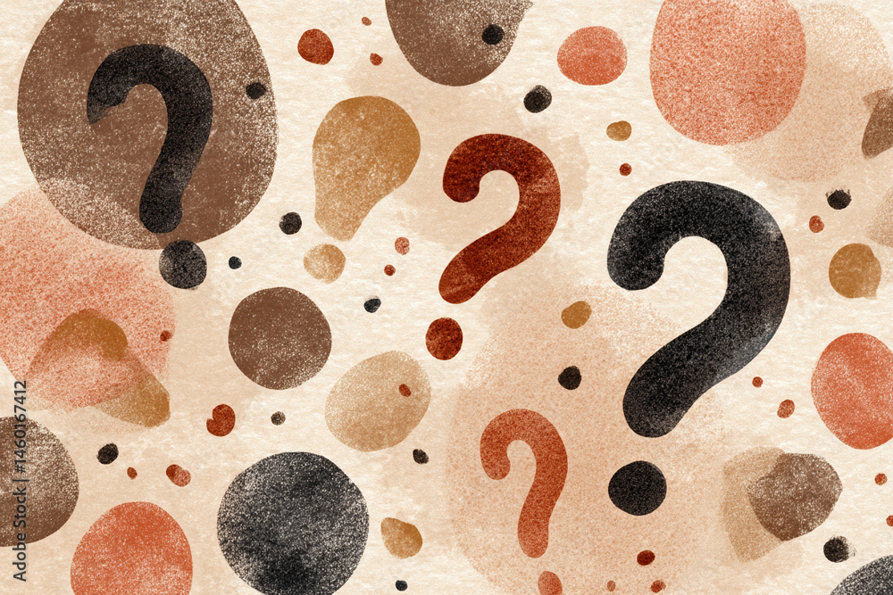 Poster Abstract beige background with brown, black, and orange question marks and circles, creating a curious and inquisitive mood, suitable for presentations or website design