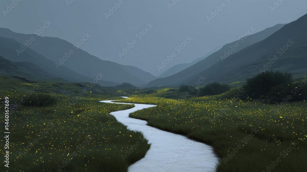 Poster beautiful landscape of a mountainous area with a small stream running through it. the stream is surr