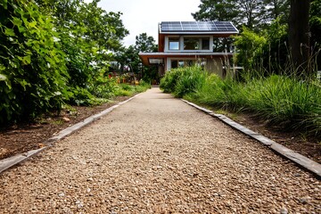 Gravel pathway leading to a modern house with solar panels