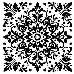Intricate Black Floral Mandala on White Background, Ornamental Design