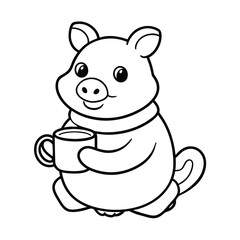 cartoon animal holding a cup hot cocoa line art vector silhouette