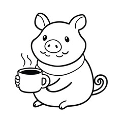 cartoon animal holding a cup hot cocoa line art vector silhouette