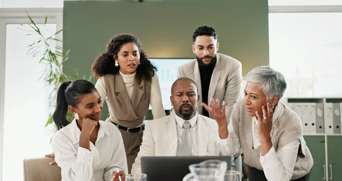 People, office and disappointed with shock on laptop for failure on deal, teamwork and collaboration. Unhappy, boardroom and sad for bad results, decline and unsuccessful on project or proposal