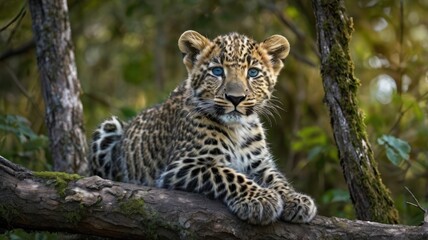 A leopard cub rests on a branch.  Focused gaze,  vibrant markings