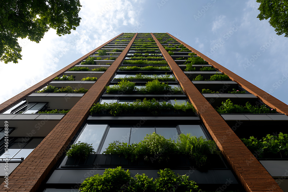 Poster green facade: upward view of a tall building with vertical gardens on each level, creating a lush, e