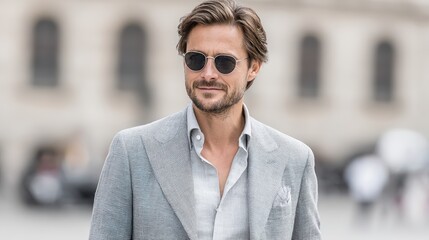 Fototapeta premium Confident Man in Urban Setting Wearing Stylish Formal Streetwear With Sophistication