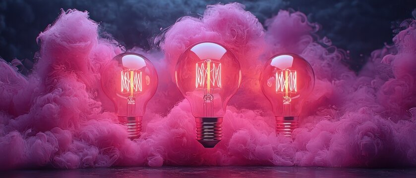 Glowing lightbulbs nestled in pink smoke, symbolizing ideas or innovation
