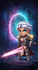 Naklejka premium Galactic Knight: A Chibi Warrior's Cosmic Quest